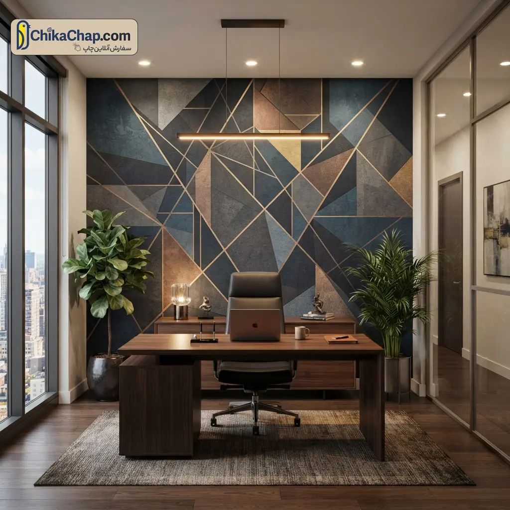 اجرای کاغذ دیواری هندسی مدرن برای دکوراسیون اداری و دفاتر کاری شیک - چیکاچاپ